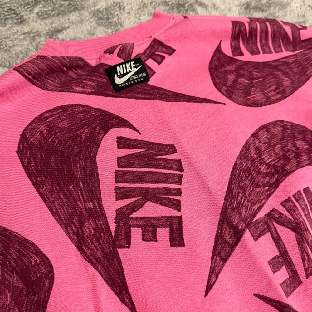 Nike All Over Swoosh Logo Pink Cropped Sweatshirt Womens Size Small - Picture 3 of 7